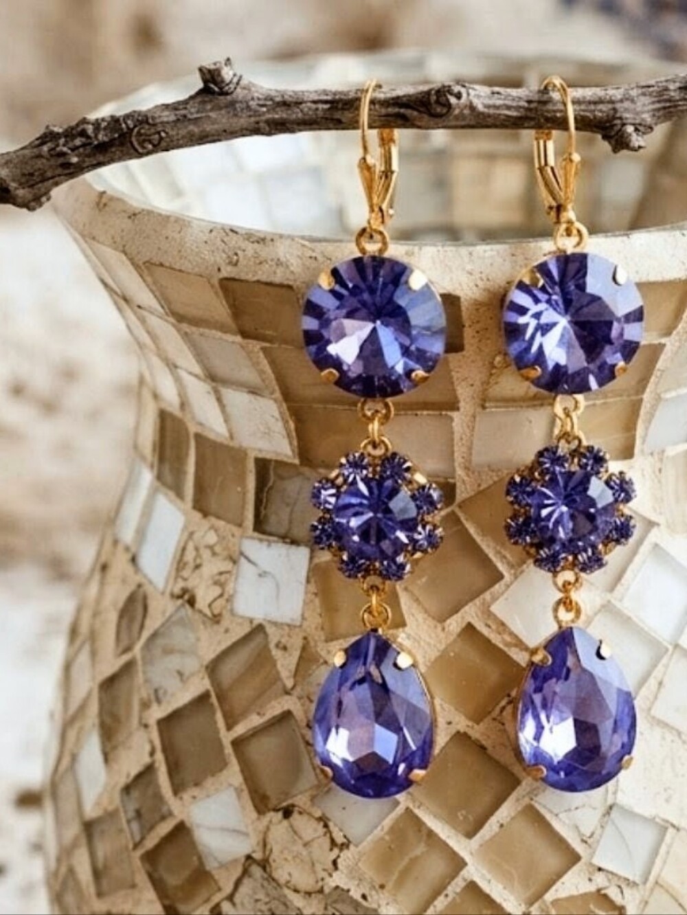 Victorian Lavender Paradise In Large Swarovski Crystals In Gold Plated Earrings